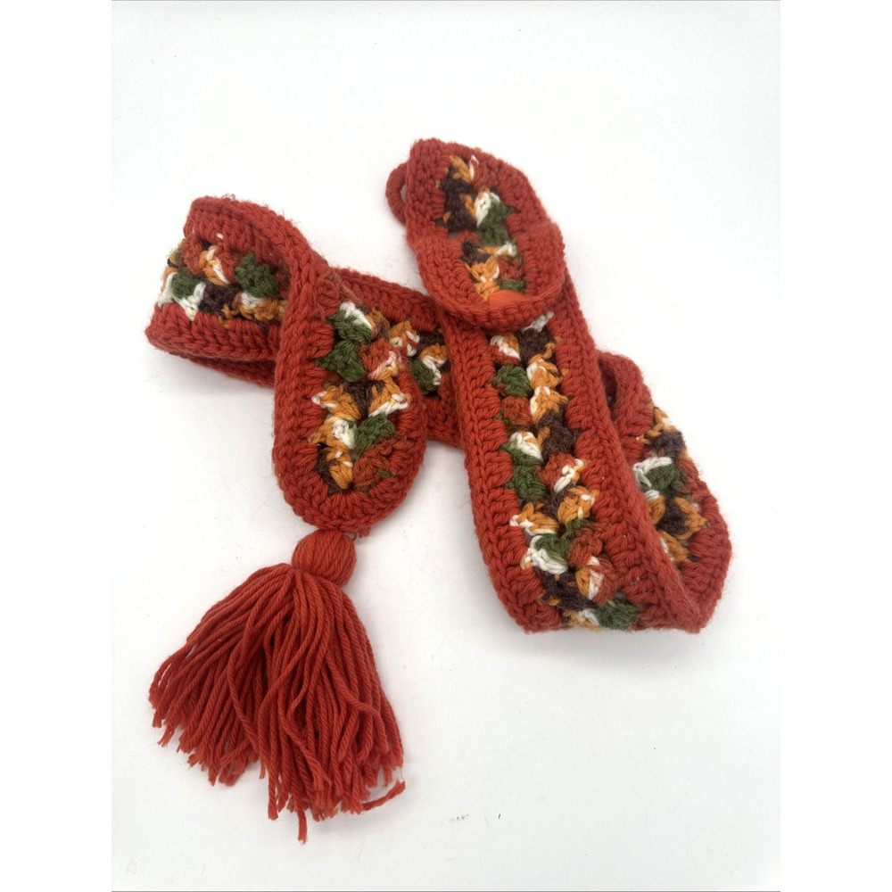 Vintage Handmade Yardstick Holder Wall Hanging Floral Crochet Burnt Orange